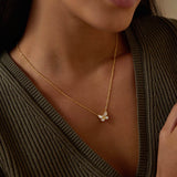 A beautiful view of the Renewed Hope Pearl Butterfly Necklace worn by an individual, emphasizing its elegant design. This piece of spiritual jewelry not only enhances style but serves as a talisman for protection and a reminder of the power of manifestation during meditation and yoga.