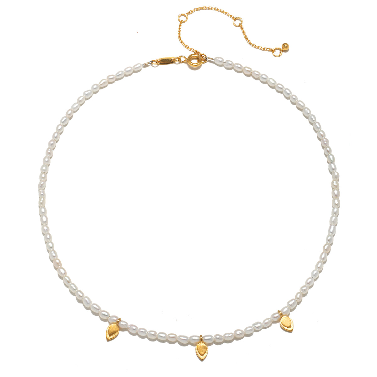 Close-up of the Blooming Promise Lotus Pearl Necklace featuring rice freshwater pearls and delicate gold leaves; perfect for those who embrace spirituality, zodiac meanings, and the guiding essence of wearing talismans in meditation and protection.
