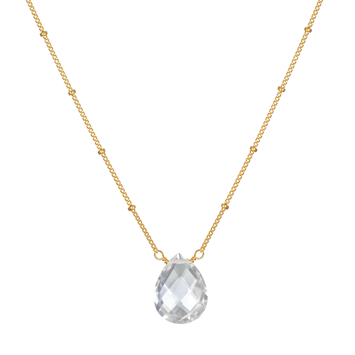 Enveloped in Protection Crystal Necklace showcasing a faceted teardrop of crystal quartz on an 18kt gold plated chain, perfect for spiritual jewelry, meditation, and protection while manifesting positivity.