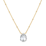 Enveloped in Protection Crystal Necklace showcasing a faceted teardrop of crystal quartz on an 18kt gold plated chain, perfect for spiritual jewelry, meditation, and protection while manifesting positivity.