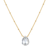 Enveloped in Protection Crystal Necklace showcasing a faceted teardrop of crystal quartz on an 18kt gold plated chain, perfect for spiritual jewelry, meditation, and protection while manifesting positivity.