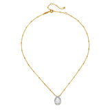 Enveloped in Protection Crystal Necklace featuring a stunning faceted teardrop of crystal quartz on an 18kt gold plated chain. This spiritual jewelry piece is perfect for meditation and serves as a talisman for protection, embodying meaning and significance for practitioners of yoga and manifestation. Ideal as part of a layered look, it resonates with the energies of the sun and moon, enhancing your spiritual journey and connection.