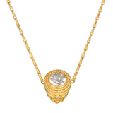Guiding Spirit Labradorite and White Topaz Lotus Locket Necklace featuring an elegant locket with a faceted round white topaz surrounded by a gold plate design, ideal for spiritual jewelry and manifestation, perfect for meditation and as a meaningful talisman.