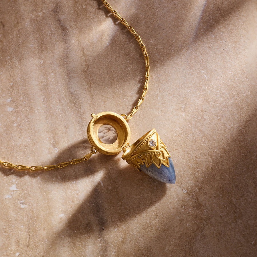Guiding Spirit Labradorite and White Topaz Lotus Locket Necklace