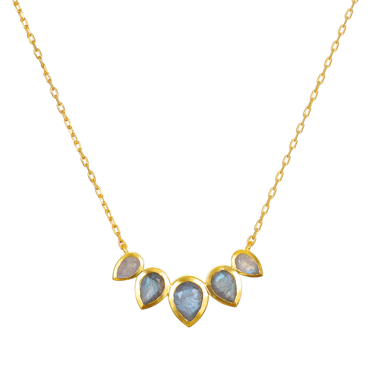 Awaken Intuition Labradorite Petal Necklace, featuring five lotus petal labradorite stones set in 18kt gold plate, symbolizing new beginnings and spiritual transformation, perfect for meditation and manifestation, ideal as a zodiac talisman for protection and yoga practice.