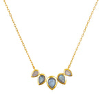 Awaken Intuition Labradorite Petal Necklace, featuring five lotus petal labradorite stones set in 18kt gold plate, symbolizing new beginnings and spiritual transformation, perfect for meditation and manifestation, ideal as a zodiac talisman for protection and yoga practice.