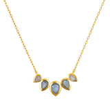 Awaken Intuition Labradorite Petal Necklace, featuring five lotus petal labradorite stones set in 18kt gold plate, symbolizing new beginnings and spiritual transformation, perfect for meditation and manifestation, ideal as a zodiac talisman for protection and yoga practice.