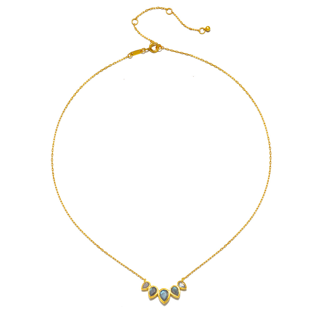 Close-up of the Awaken Intuition Labradorite Petal Necklace, highlighting its delicate design and labradorite stones. This stunning piece of spiritual jewelry embodies meaning and is a perfect talisman for manifestations, meditation, and connecting with the sun and moon.