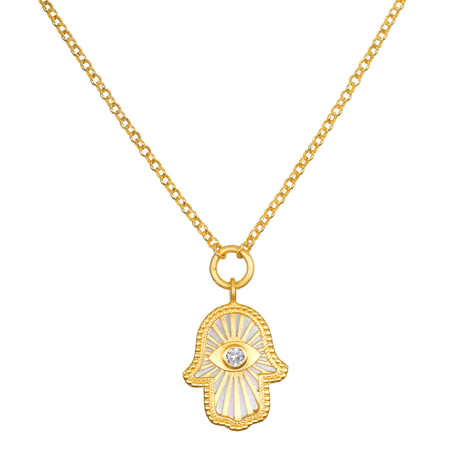 Gaining Clarity White Topaz and Mother of Pearl Hamsa Reversible Necklace