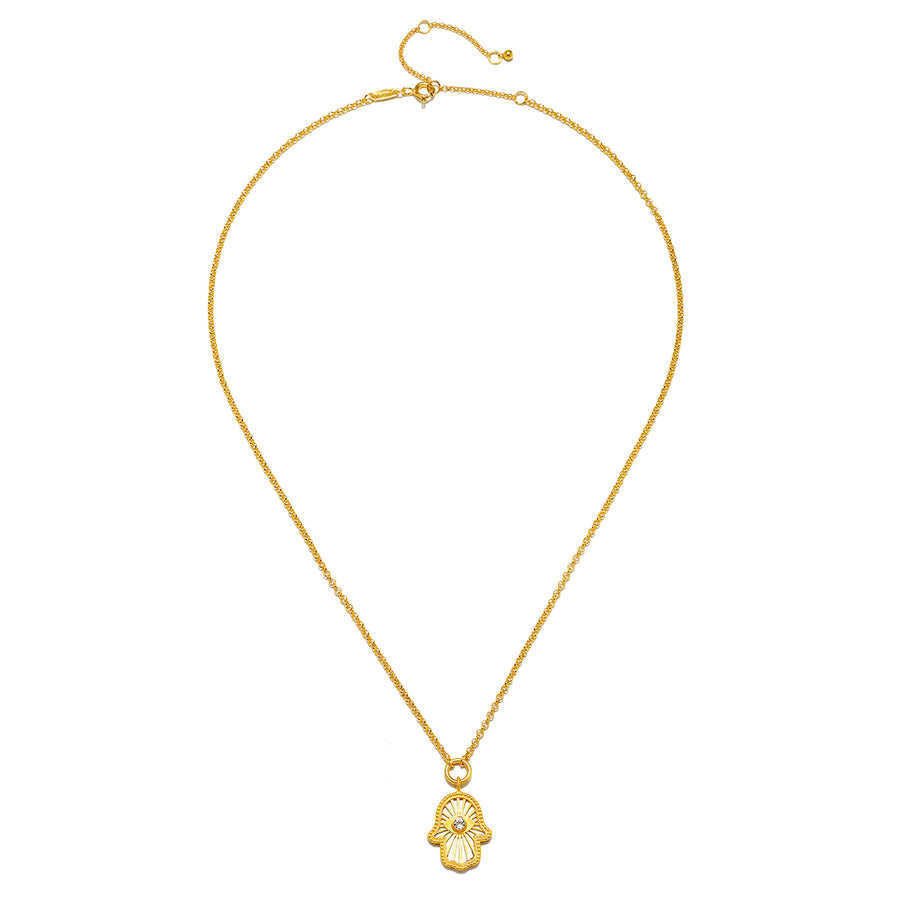 Gaining Clarity White Topaz and Mother of Pearl Hamsa Reversible Necklace