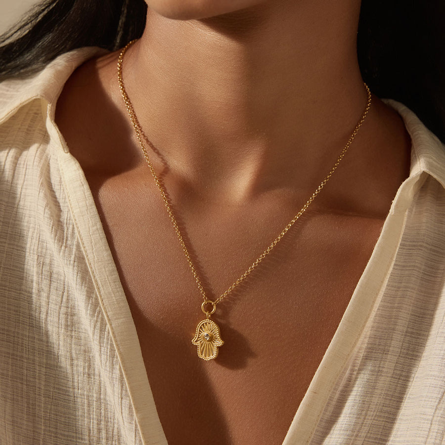 Gaining Clarity White Topaz and Mother of Pearl Hamsa Reversible Necklace