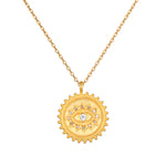 True Visionary White Topaz Evil Eye Coin Necklace featuring a gold-plated pendant with an eye motif, symbolizing protection and intuition, ideal for spiritual jewelry enthusiasts. Perfect for meditation, this meaningful talisman embodies manifestation qualities and is a beautiful addition to any yoga practice.