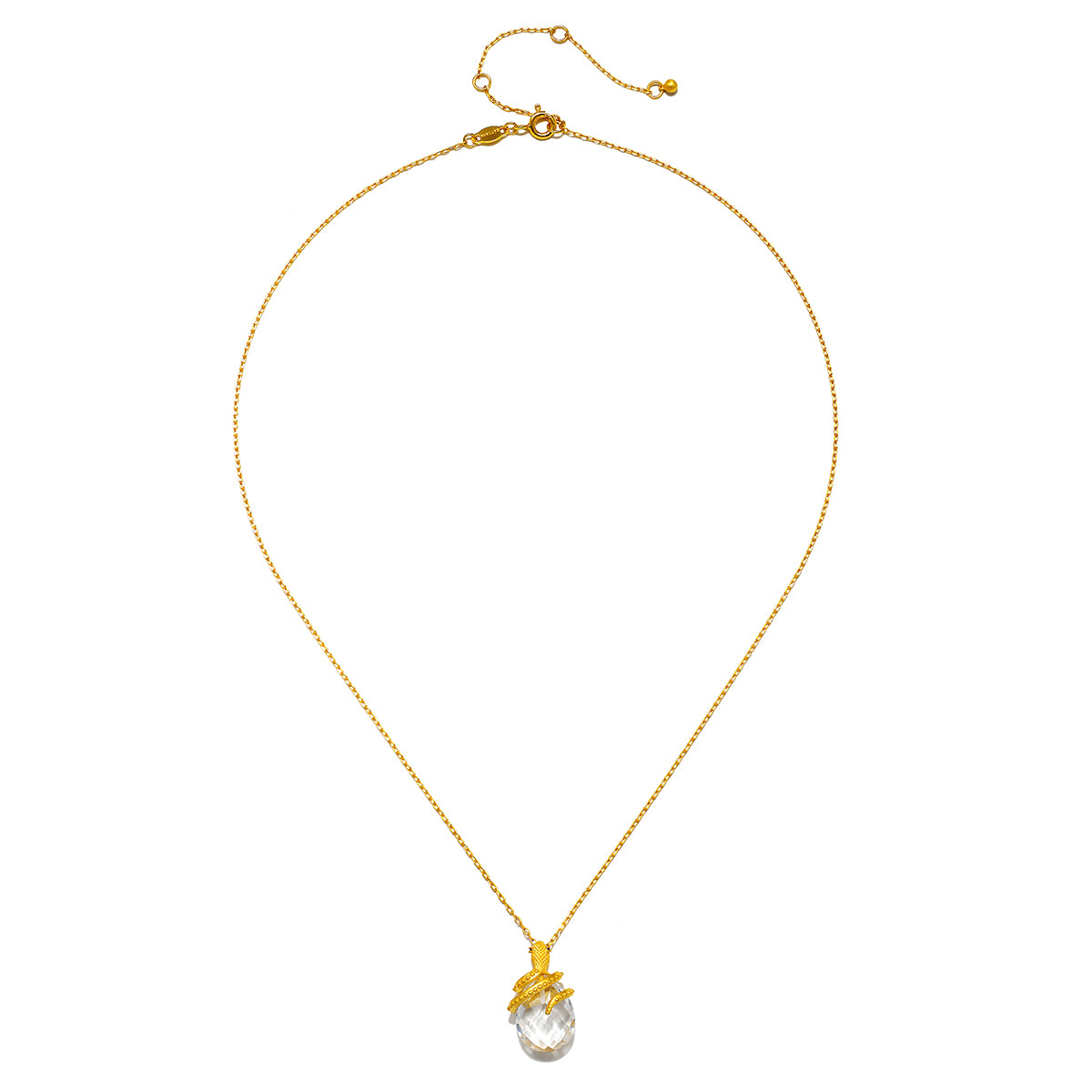Gold-tone chain necklace with adjustable clasp and clear faceted teardrop pendant.