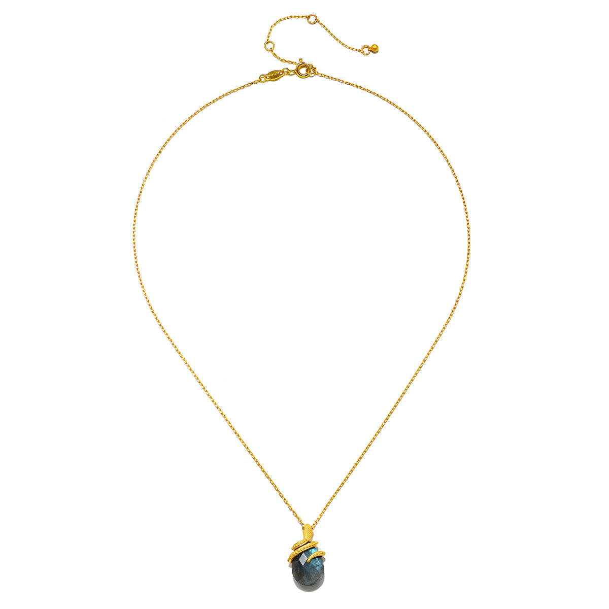Close-up of the Inner Knowing Labradorite Snake Necklace showcasing the coiled snake design and mystical labradorite, representing spiritual meaning and serving as a talisman for yoga and zodiac practices.