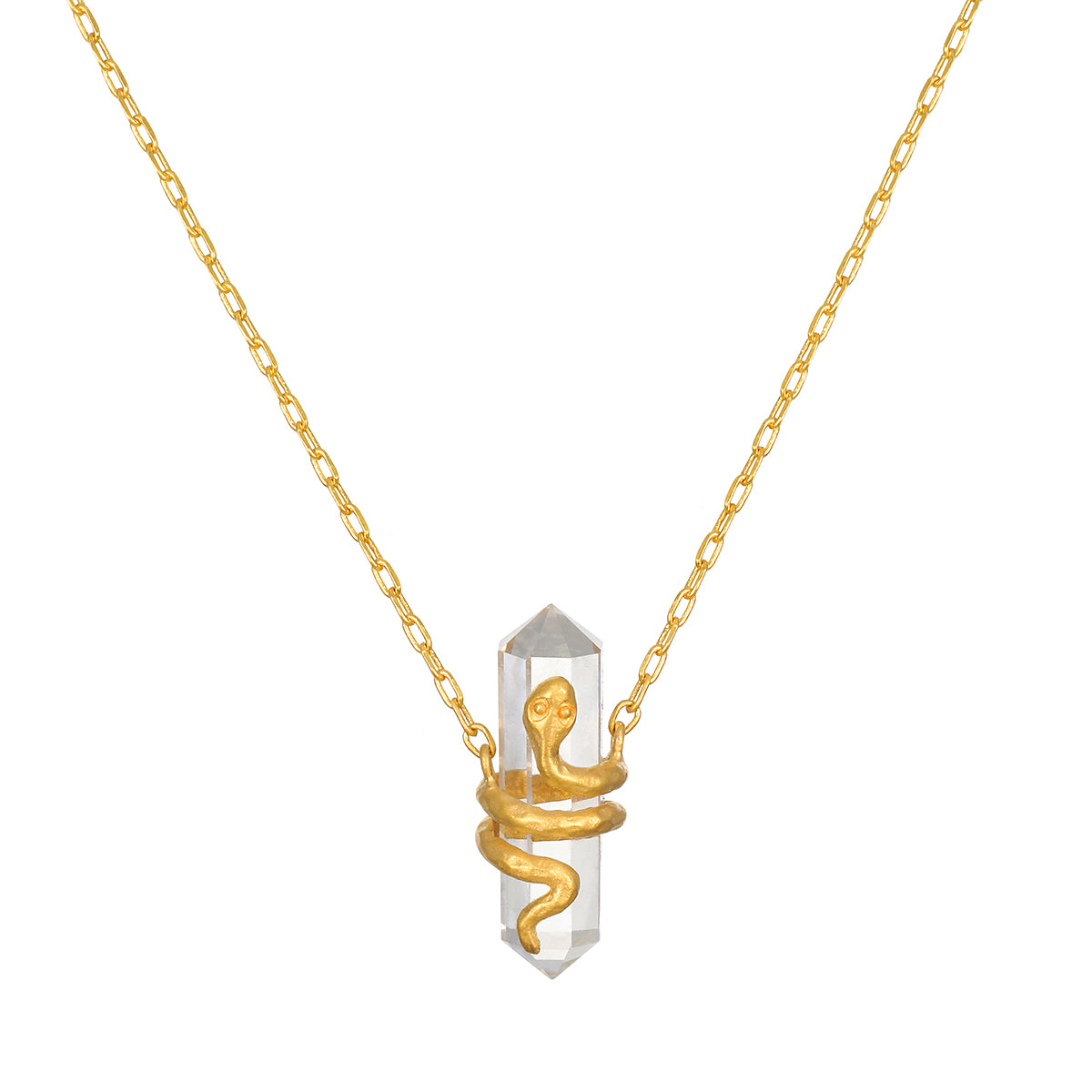 Eternal Spirit Clear Quartz Snake Necklace featuring a gleaming snake symbolizing transformation and clarity, ideal for spiritual jewelry, meditation, and as a meaningful talisman for protection and manifestation.