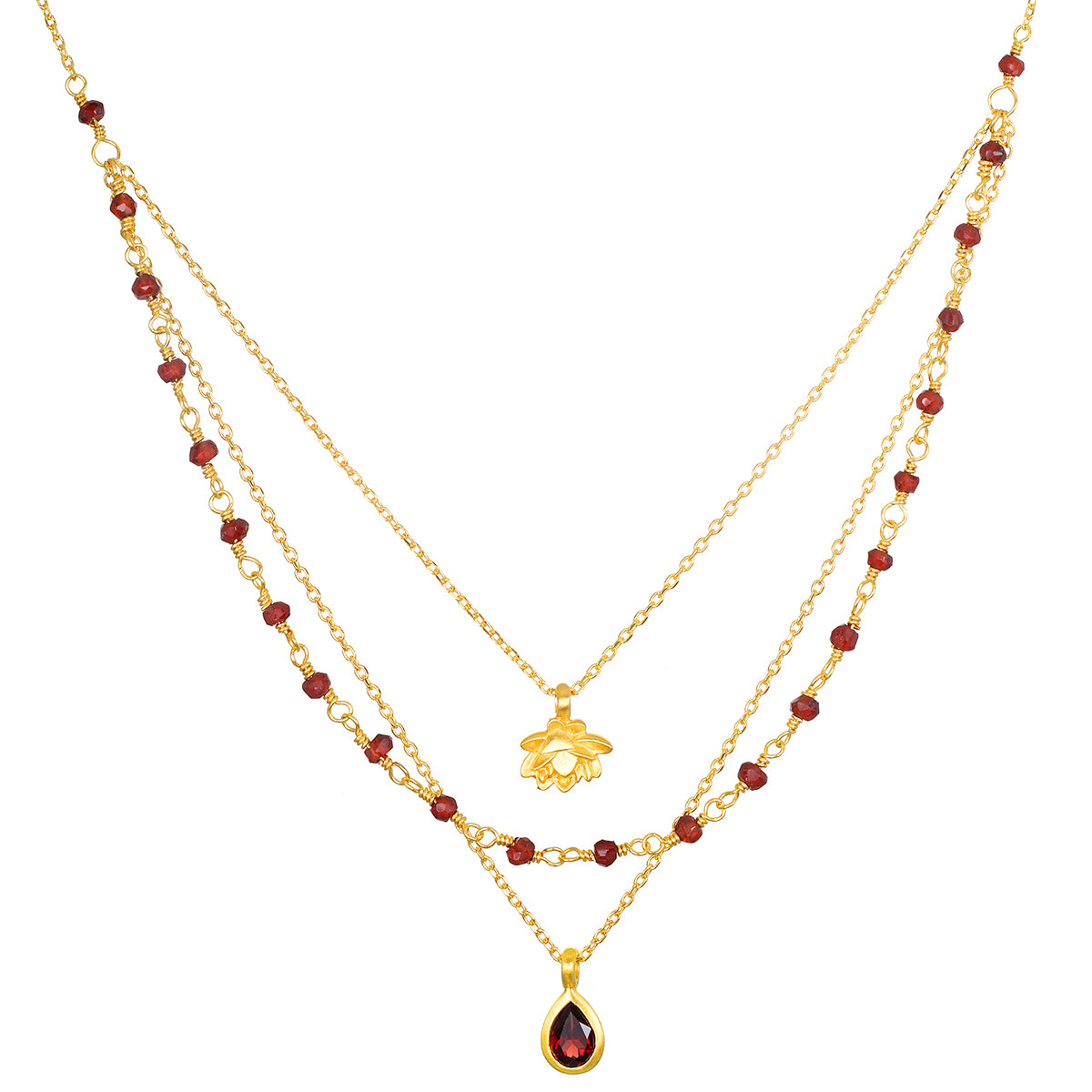 Embrace Change Garnet Lotus Triple Necklace displayed on a white background, showcasing its elegant design with garnet beads and a lotus pendant. This spiritual jewelry piece embodies the themes of transformation and renewal, making it perfect for meditation and manifestation practices. Ideal for those who seek meaningful connections in their spiritual journey.