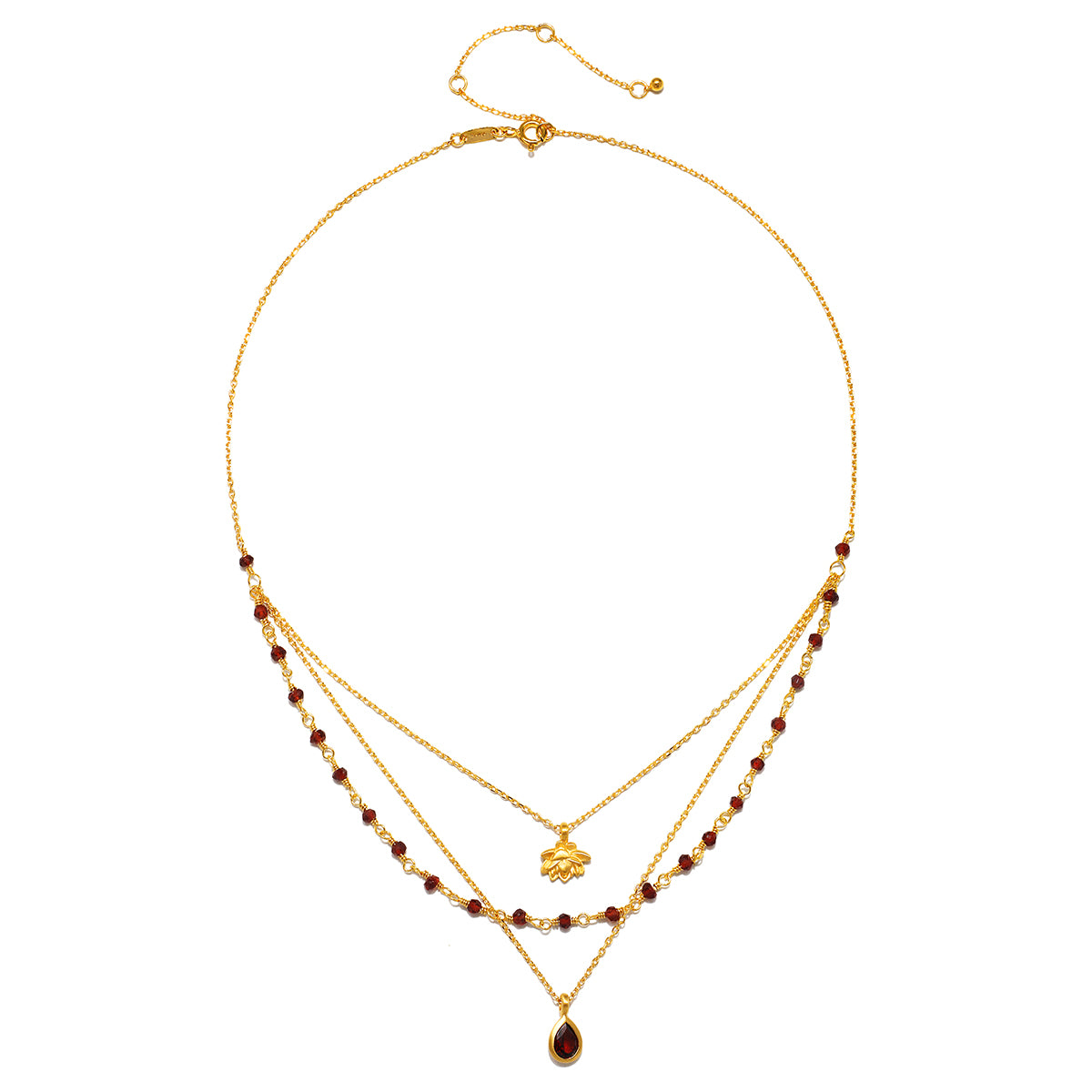 Embrace Change Garnet Lotus Triple Necklace, crafted with an 18kt gold plate and stunning garnet beads, represents transformation and grounding energy, perfect for spiritual jewelry associated with meditation, talismans, zodiac signs, and meaningful manifestations in yoga practices.