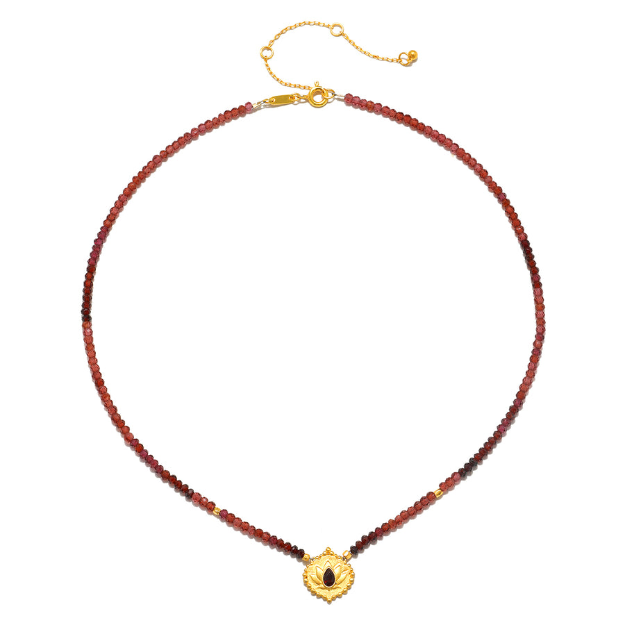 Internal Fire Garnet Lotus Beaded Necklace