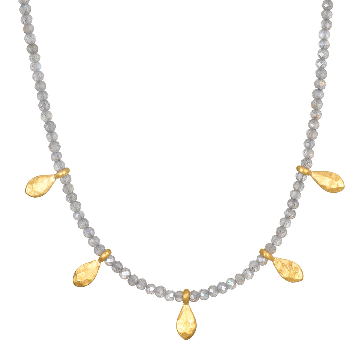 Inspired Beginnings Labradorite Petal Beaded Necklace featuring shimmering labradorite beads and golden lotus petals, embodying spiritual jewelry ideal for meditation and meaningful manifestation, symbolizing protection and connection to the sun and moon.