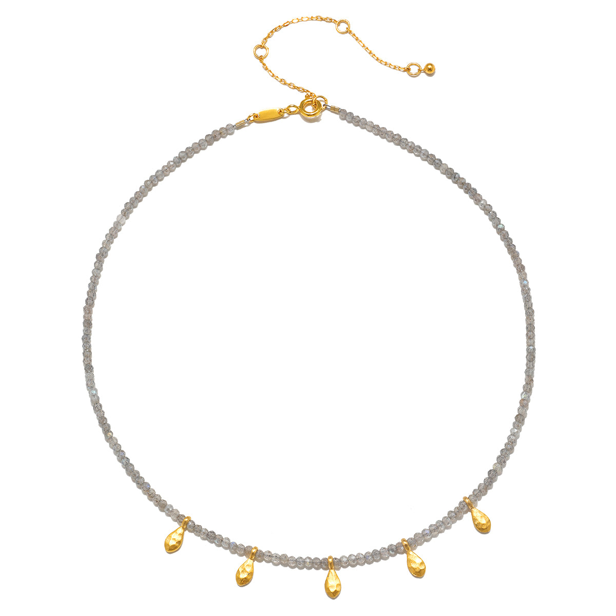 The Inspired Beginnings Labradorite Petal Beaded Necklace, featuring faceted round mystic labradorite beads and 18kt gold-plated lotus petals, symbolizes renewal and meaningful transformation, ideal for wearers focused on spiritual journeys and manifestation practices.