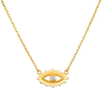 Ignite Intuition White Topaz Evil Eye Necklace featuring an open-work evil eye design, perfect for spiritual jewelry, meditation, and as a talisman for protection and manifestation.