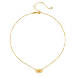 Close-up of the Ignite Intuition White Topaz Evil Eye Necklace, designed with an 18kt gold plate and featuring a brilliant white topaz for clarity. This meaningful talisman promotes meditation and protection, aligning with yoga practices and the spiritual journey.