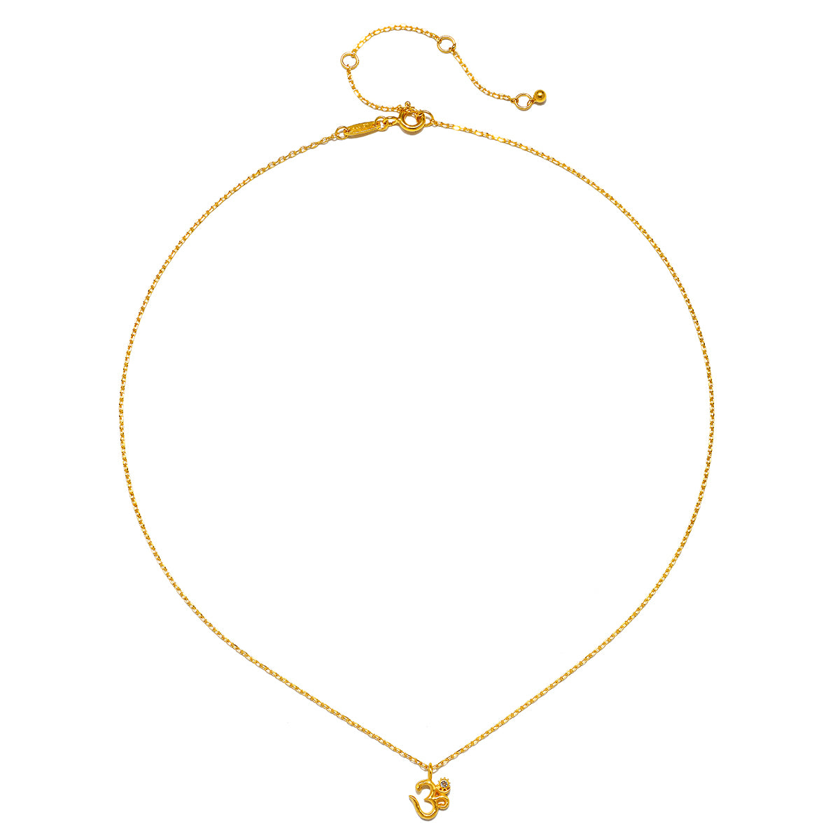 The Universal Connection White Topaz Om Necklace displayed flat, revealing its delicate 18kt gold plate design. This talisman symbolizes zodiac energies and is a cherished piece for those interested in spiritual jewelry, enhancing meditation and providing meaningful protection.