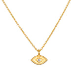 Shielded Spirit White Topaz Evil Eye Necklace featuring a delicate evil eye talisman in 18kt gold plate, symbolizing protection and intuition. This spiritual jewelry piece is perfect for meditation and manifestation, designed to bring clarity and meaning to your spiritual practice.