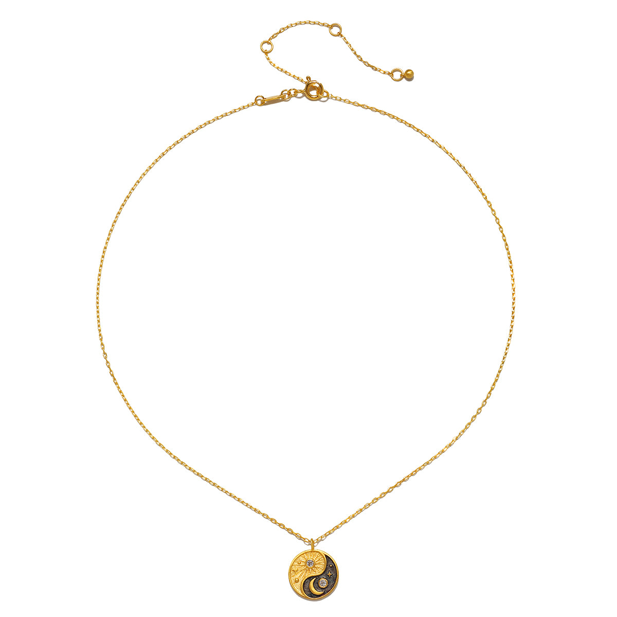 Celestial Balance Yin Yang White Topaz Necklace designed for spiritual jewelry enthusiasts, featuring a beautifully balanced yin yang symbol alongside celestial elements like the sun and moon. This meaningful piece serves as a talisman for meditation, yoga, and personal manifestation, embodying the essence of protection and harmony.