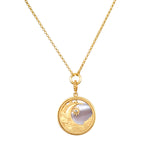 Waking Dreams Mother of Pearl Celestial Necklace features a beautiful 18kt gold plated pendant with a crescent moon and a star, symbolizing spiritual jewelry and meaningful guidance. Perfect for meditation and manifestation, this talisman embodies the energy of the sun and moon, designed for yoga and protection.