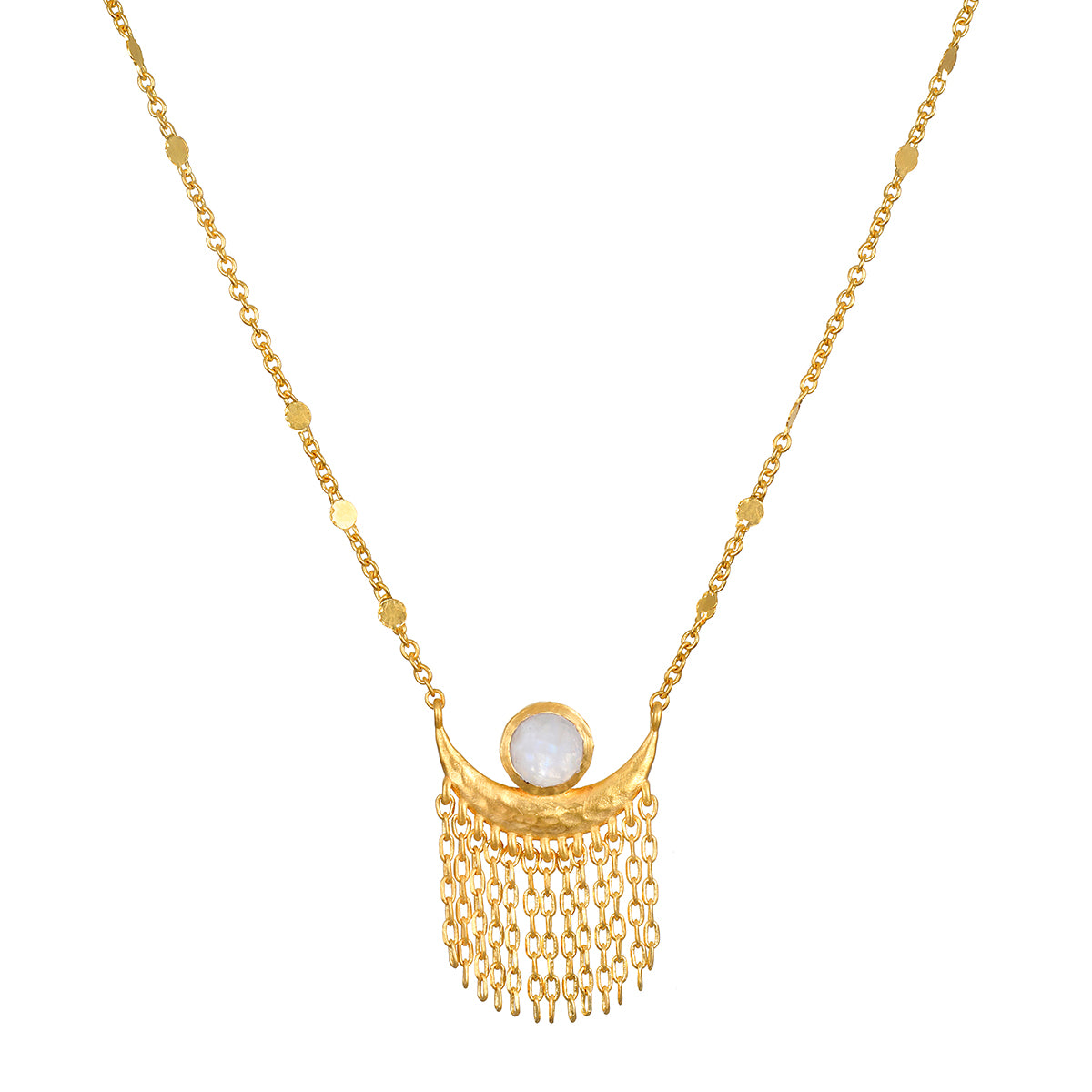 A Cascade of Starlight Moonstone Fringe Necklace featuring an 18kt gold plated crescent moon design with a faceted round moonstone. This spiritual jewelry is perfect for meditation and serves as a talisman for protection and manifestation, blending the energies of the sun, moon, and zodiac.