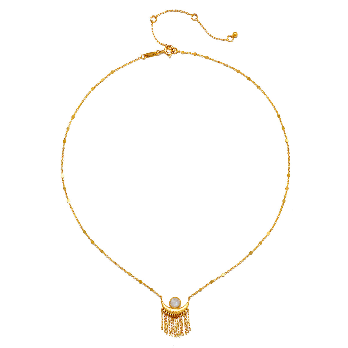 The back view of the Cascade of Starlight Moonstone Fringe Necklace, highlighting its intricate design and adjustable chain. This gold-plated spiritual jewelry is a meaningful talisman for yoga practitioners and anyone seeking the energies of the sun and moon for meditation.