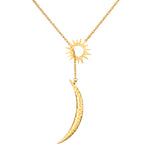Dreams Celestial Sun and Moon Lariat Necklace featuring a stunning crescent moon and radiant sun pendant, crafted in 18kt gold plating, perfect for spiritual jewelry enthusiasts. This piece embodies protection and guidance, making it an ideal talisman for meditation, yoga, and meaningful manifestations related to the zodiac.