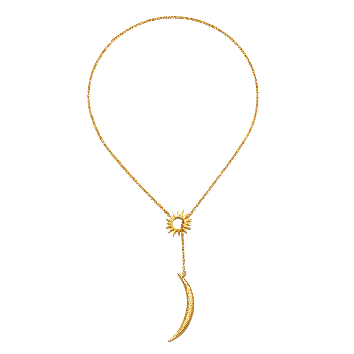 The Dreams Celestial Sun and Moon Lariat Necklace displayed elegantly against a simple background. This spiritual piece, featuring the sun and moon, embodies protection and is ideal for those interested in meaningful jewelry related to meditation, talismans, and zodiac energy.
