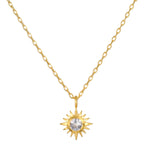Clarity White Topaz Starburst Necklace featuring an exquisite 18kt gold plated design with a shining starburst pendant, symbolizing dreams and guidance. This spiritual jewelry is perfect for meditation and as a meaningful talisman for zodiac enthusiasts, enhancing intuition and protection. Ideal for yoga practices, it represents the sun and moon's connection, making it a powerful piece for manifestation and personal growth.