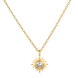Clarity White Topaz Starburst Necklace featuring an exquisite 18kt gold plated design with a shining starburst pendant, symbolizing dreams and guidance. This spiritual jewelry is perfect for meditation and as a meaningful talisman for zodiac enthusiasts, enhancing intuition and protection. Ideal for yoga practices, it represents the sun and moon's connection, making it a powerful piece for manifestation and personal growth.