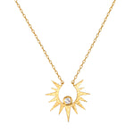 Unveiling Dreams White Topaz Starburst Necklace, a beautiful piece of spiritual jewelry featuring a radiant starburst design in 18kt gold plate, symbolizing guidance and manifestation. Perfect for meditation, this meaningful talisman complements yoga practices and zodiac-inspired collections.