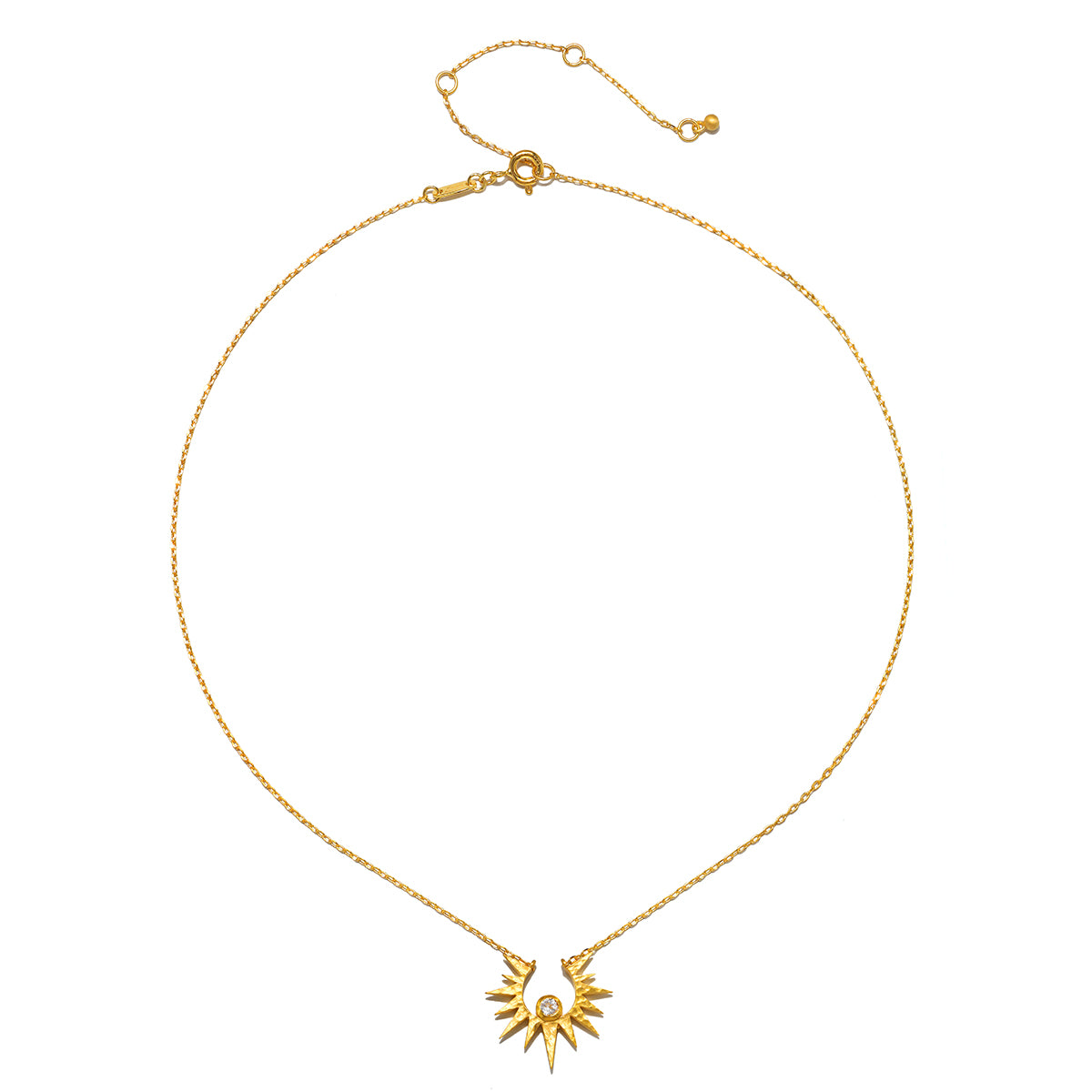 Gold-toned chain necklace with sun pendant and adjustable clasp closure.