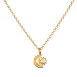 Guiding Star Celestial White Topaz Necklace showcasing an intricately designed crescent moon and star pendant, embodying spiritual jewelry for meditation and manifestation. This beautiful piece represents protection from the moon and sun, making it a meaningful talisman for yoga and zodiac practices.
