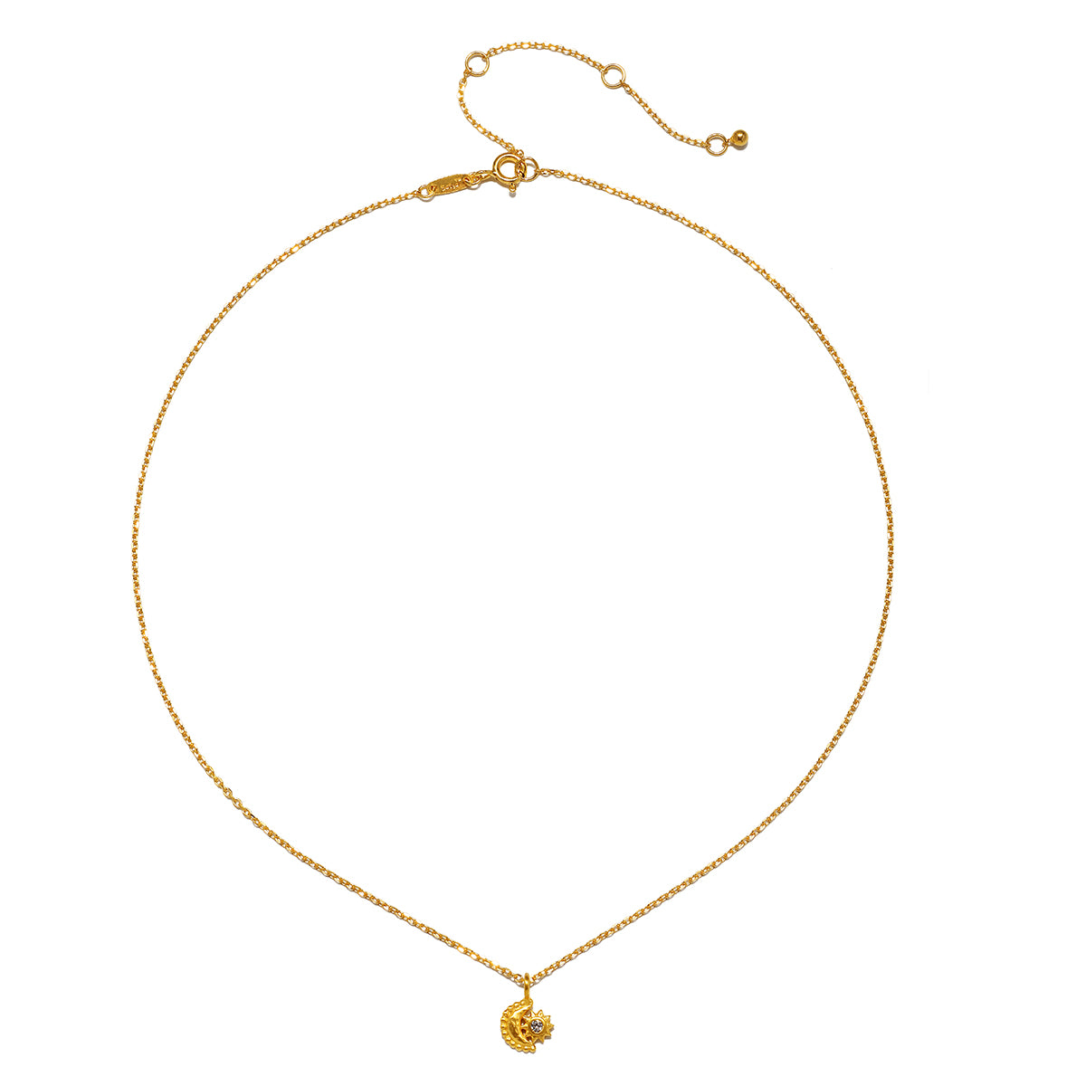 The Guiding Star Celestial White Topaz Necklace displayed flat, highlighting the crescent moon and star pendant along with the chain. This elegant spiritual jewelry serves as a talisman for meditation, protection, and manifestation, intertwining the powers of the sun and moon in a meaningful design.