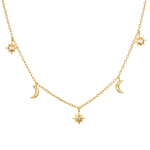 Enchanted Journey Celestial Choker Necklace featuring crescent moons and suns, symbolizing spiritual jewelry and protection, ideal for meditation and manifestation practices. This meaningful piece combines elements of zodiac and talismans, perfect for yoga enthusiasts.