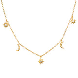 Enchanted Journey Celestial Choker Necklace featuring crescent moons and suns, symbolizing spiritual jewelry and protection, ideal for meditation and manifestation practices. This meaningful piece combines elements of zodiac and talismans, perfect for yoga enthusiasts.