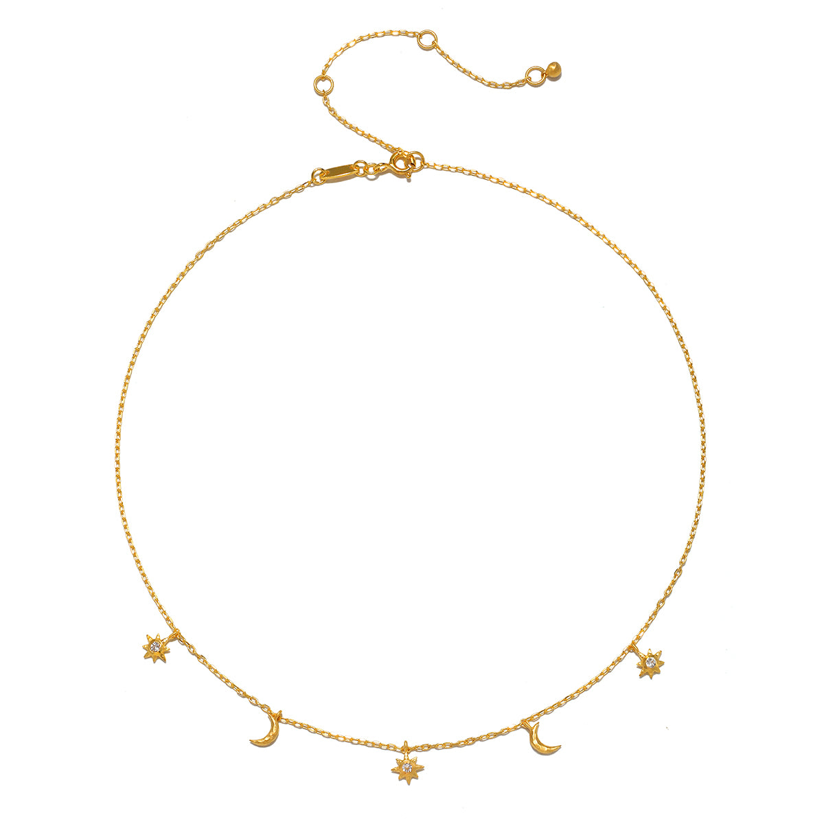 Gold-tone chain necklace with star and crescent moon charms spaced evenly around the circumference.