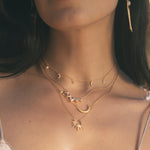 Enchanted Journey Celestial Choker Necklace displayed elegantly on a model's neck, showcasing its radiant gold design with celestial motifs. This spiritual jewelry promotes a connection to the sun, moon, and stars, offering protection and enhancing meditation and reflection.