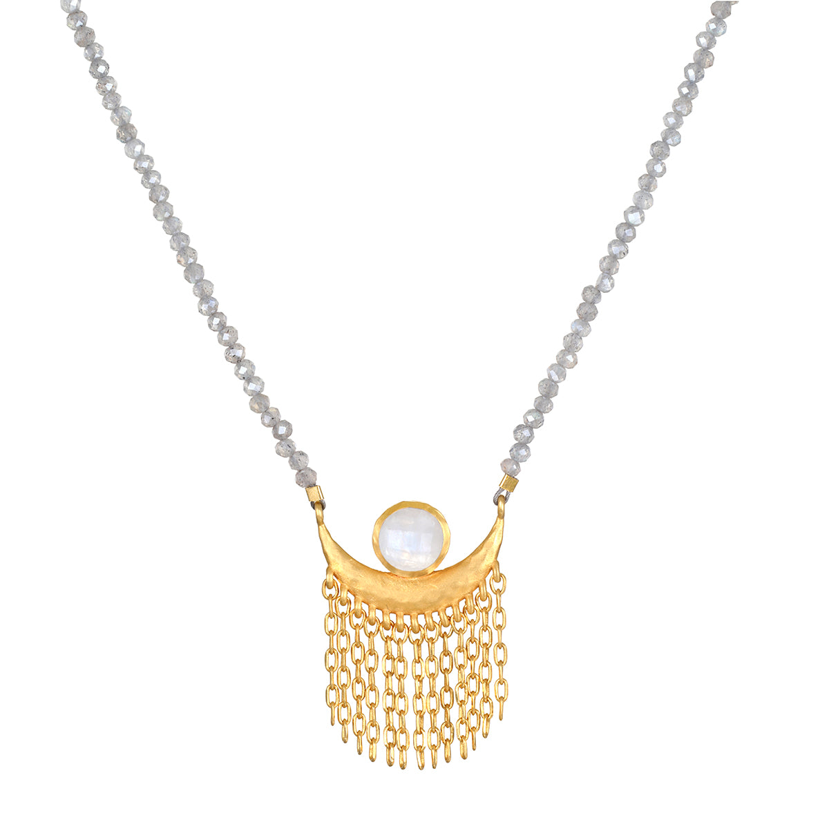The Scattering Stardust Labradorite Moon Fringe Necklace showcases a crescent moon pendant adorned with cascading golden chains, embodying spirituality and meditation. This piece is a perfect talisman for those seeking protection and connection to the sun and moon, making it ideal for yoga enthusiasts and those interested in the meaning of meaningful jewelry for manifestation.