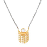 The Scattering Stardust Labradorite Moon Fringe Necklace showcases a crescent moon pendant adorned with cascading golden chains, embodying spirituality and meditation. This piece is a perfect talisman for those seeking protection and connection to the sun and moon, making it ideal for yoga enthusiasts and those interested in the meaning of meaningful jewelry for manifestation.