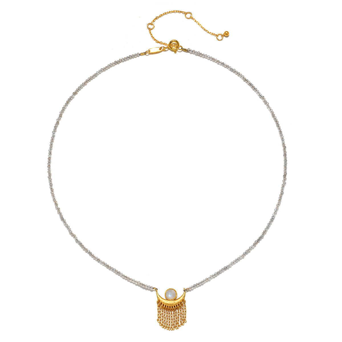 The Scattering Stardust Labradorite Moon Fringe Necklace, featuring a crescent moon design with layered golden chains, embodies spiritual elegance. Perfect for those seeking connection through meditation and meaningful jewelry, this piece resonates with energies of protection from the sun and moon, making it a wonderful talisman for manifestation.