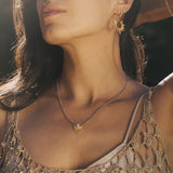 A model wears the Scattering Stardust Labradorite Moon Fringe Necklace, capturing its beauty and celestial inspiration. This spiritual jewelry piece, featuring labradorite and moonstone, is perfect for meditation and reflects the essence of protection and zodiac energies, invoking the power of the sun and moon during yoga practices.