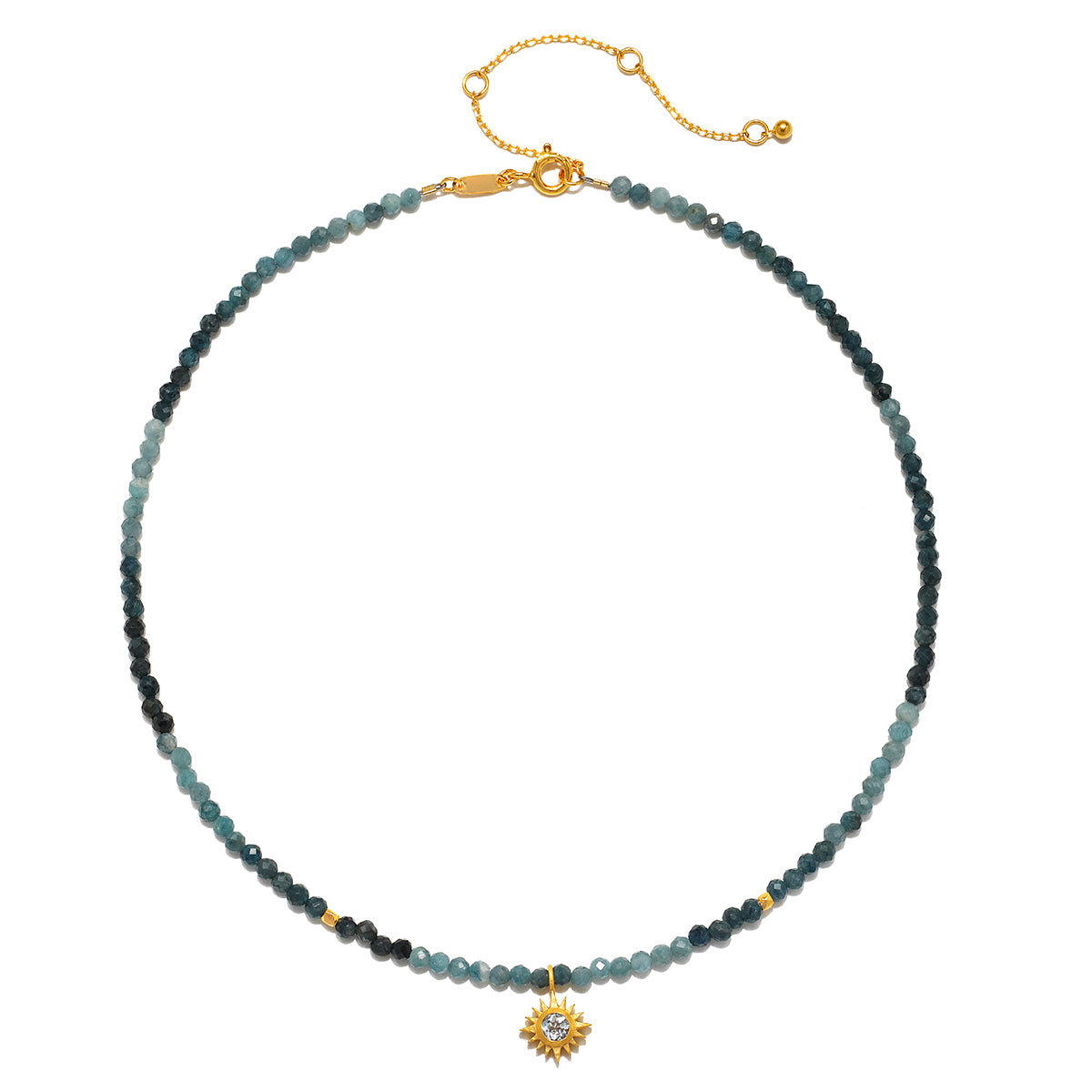 A detailed view of the Channeling Wisdom Sapphire Starburst Beaded Choker, showcasing its luxurious sapphire beads and shining starburst pendant. This spiritual jewelry piece is a meaningful talisman, perfect for enhancing meditation, yoga, and personal manifestation.