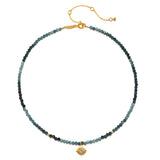 A detailed view of the Channeling Wisdom Sapphire Starburst Beaded Choker, showcasing its luxurious sapphire beads and shining starburst pendant. This spiritual jewelry piece is a meaningful talisman, perfect for enhancing meditation, yoga, and personal manifestation.